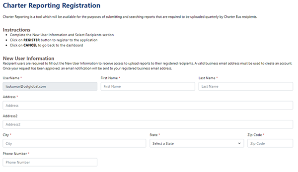 Charter Reporting registration page